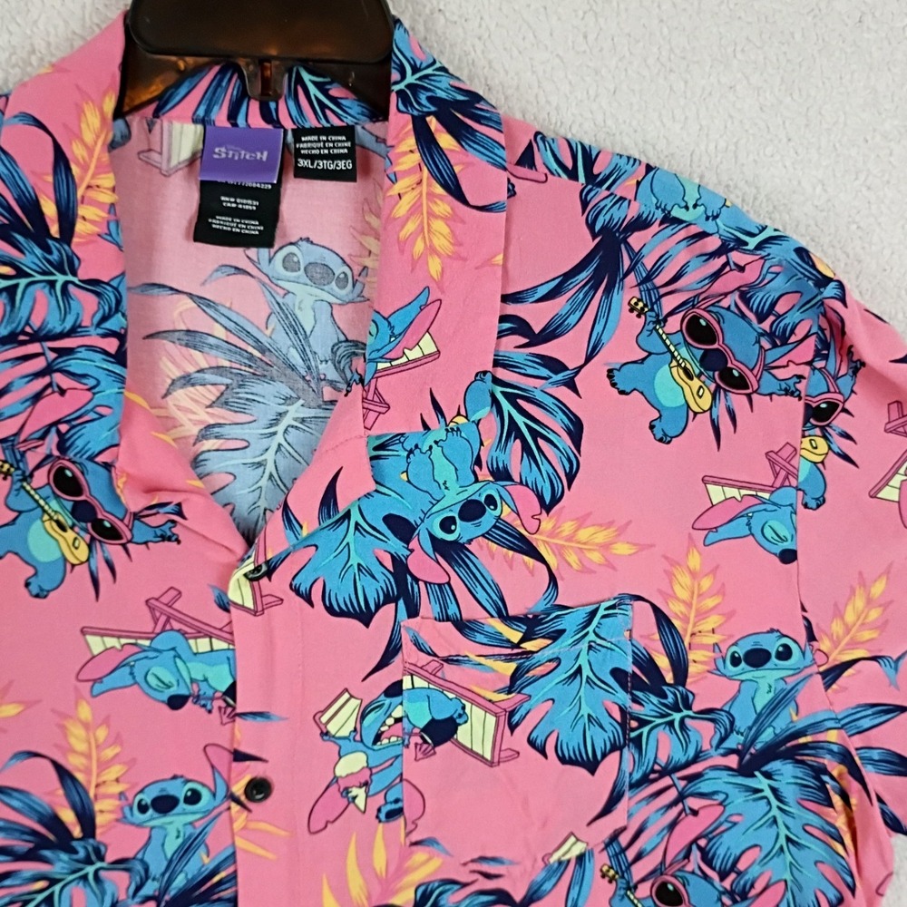 Disney Stitch Button Up Shirt Men 3XL Pink Tropical Lilo & Stitch Hawaiian Rayon - Picture 2 of 10